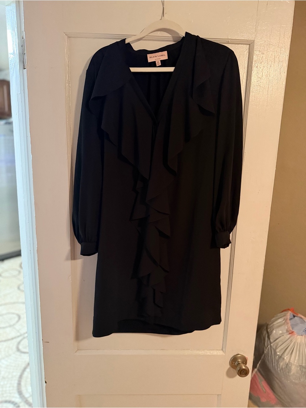Black Label by Chico’s Black Ruffle Front Shift Dress Size Medium